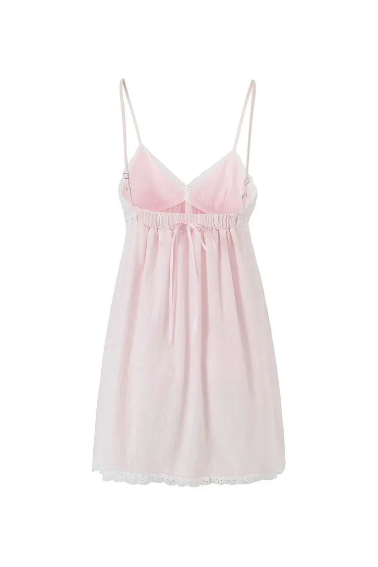 Sweet Scalloped Lace V Neck Spaghetti Strap Bow Tie Babydoll Mini Sundress