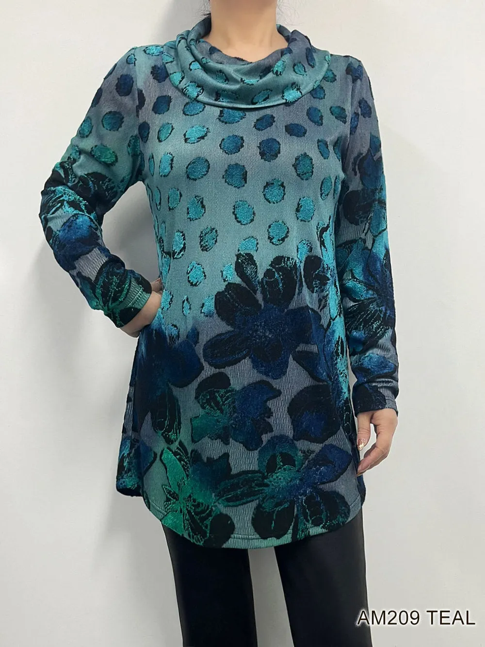 Teal Printed (Flower and Polka dot) Top AM209