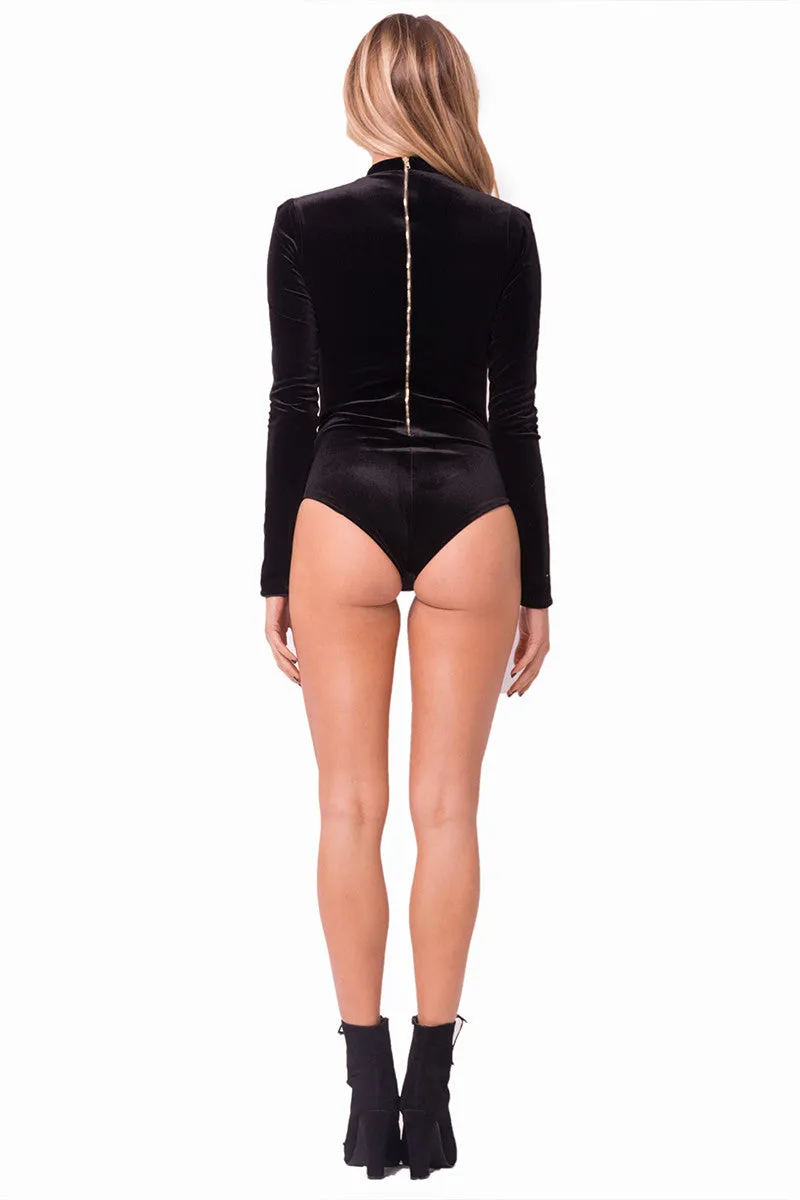 THE MYSTYLEMODE BLACK VELVET MOCK NECK BACK ZIPPER DOUBLE LINED ESSENTIAL BODYSUIT