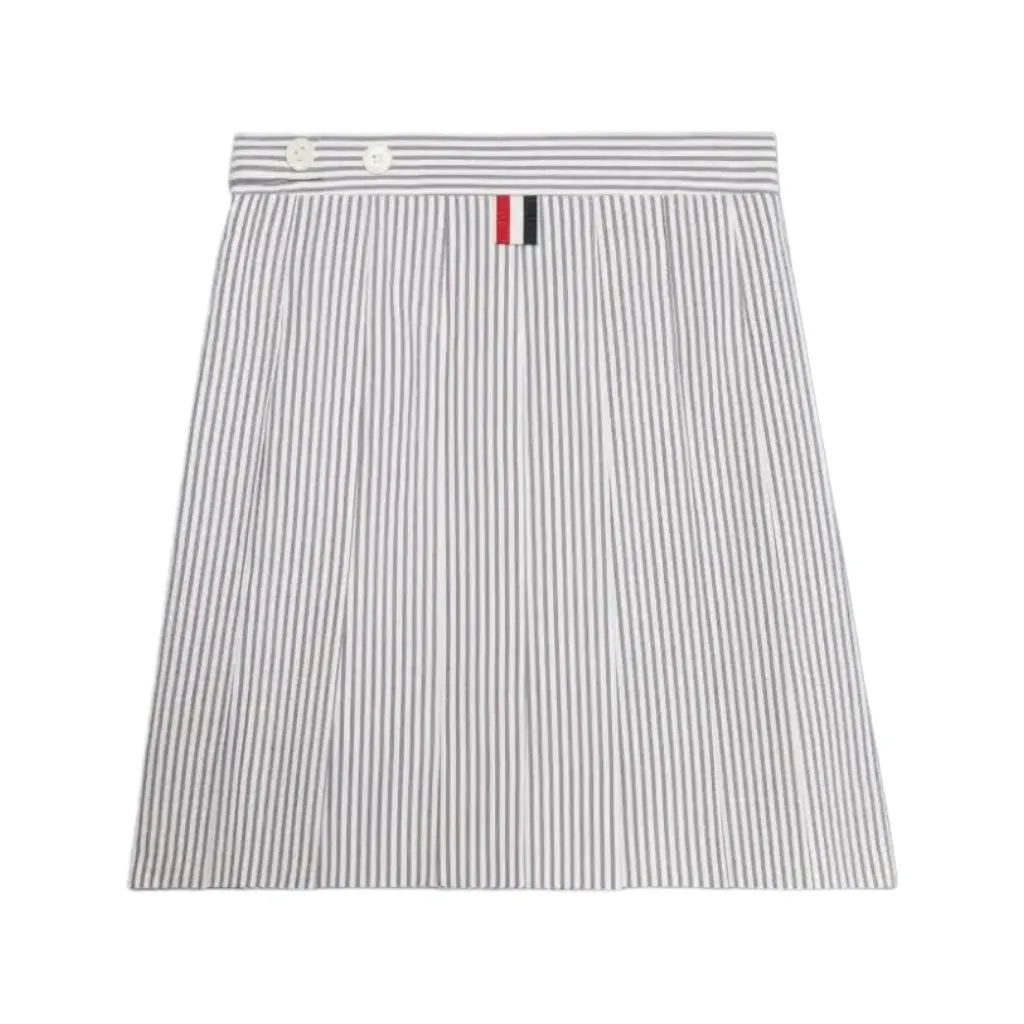 Thom Browne Kids Cotton Seersucker Drop Hem Mini Pleated Skirt