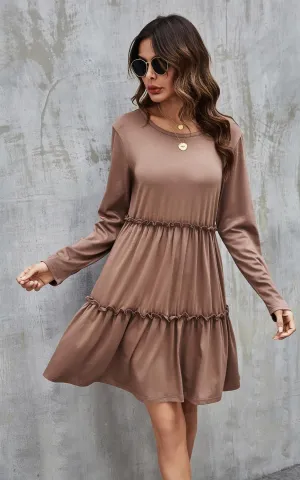 Tiered Long Sleeve Mini Dress In Beige