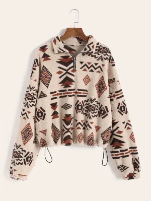 Trendy Ethnic Print Zip-Up Hoodie - Stylish Long Sleeve Drop Shoulder Outwear for Chic Winter & Fall Looks - Womens Comfortable Casual Clothing