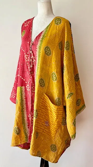 Ultra Lux Kantha Stitched Cotton Sari Split Tunic (Two Tone)