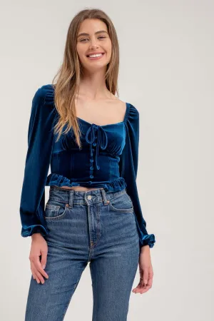 VELVET FRONT TIE BUTTON DOWN LONG SLEEVE CROP TOP