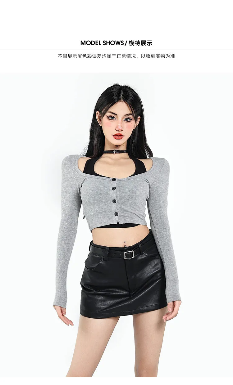 Vera Button Up Long Sleeve Halter Cropped Top