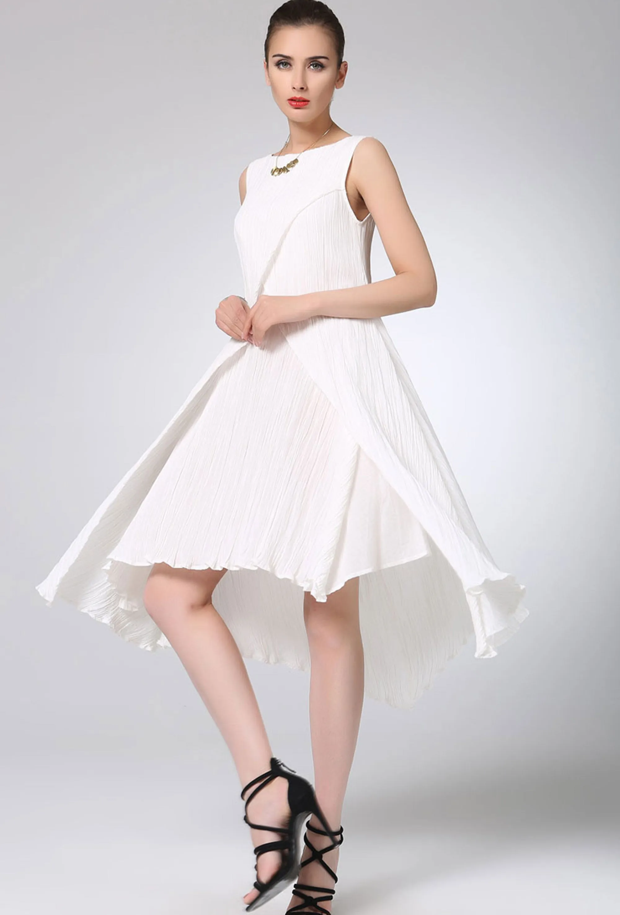 White linen dress mini cute dress (1230)