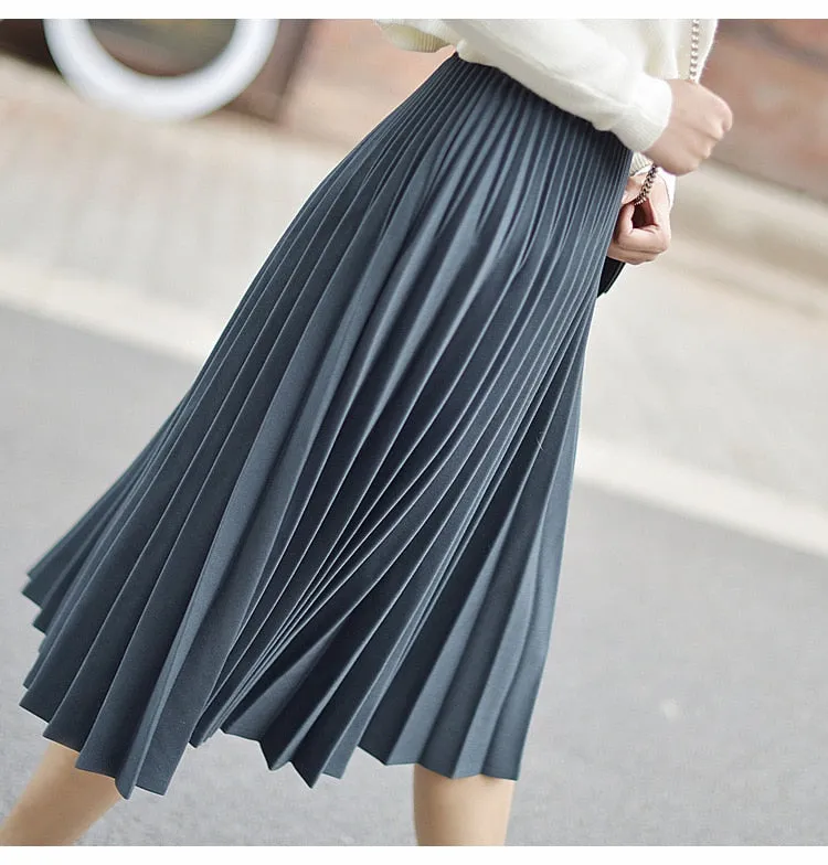 Wjczt 2022 Spring Women Elegant Pleated Skirt High Waist Women White Long Skirt Female Ladies High Quality Women Midi Skirt Black Saia