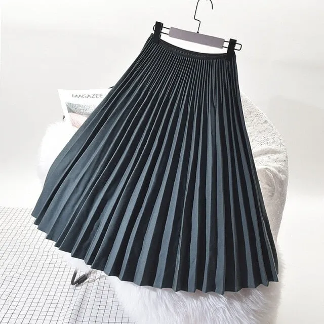 Wjczt 2022 Spring Women Elegant Pleated Skirt High Waist Women White Long Skirt Female Ladies High Quality Women Midi Skirt Black Saia