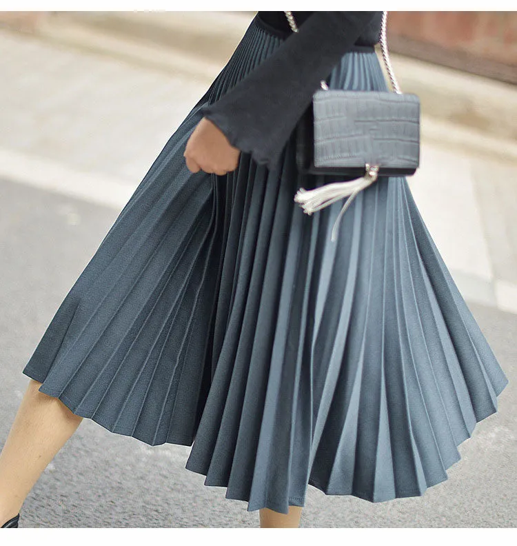 Wjczt 2022 Spring Women Elegant Pleated Skirt High Waist Women White Long Skirt Female Ladies High Quality Women Midi Skirt Black Saia