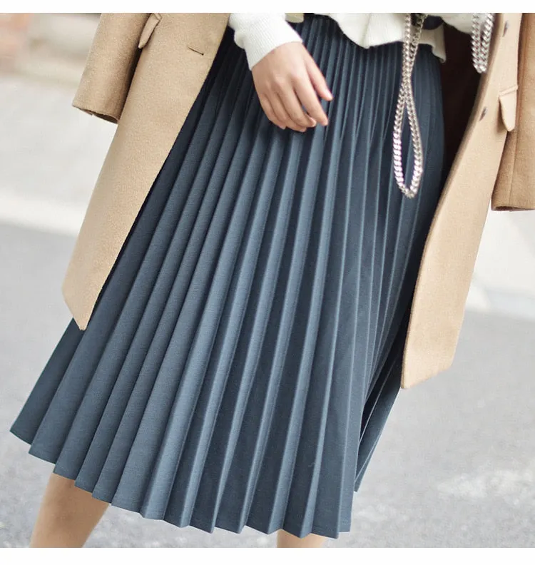 Wjczt 2022 Spring Women Elegant Pleated Skirt High Waist Women White Long Skirt Female Ladies High Quality Women Midi Skirt Black Saia