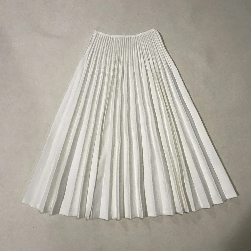 Wjczt 2022 Spring Women Elegant Pleated Skirt High Waist Women White Long Skirt Female Ladies High Quality Women Midi Skirt Black Saia