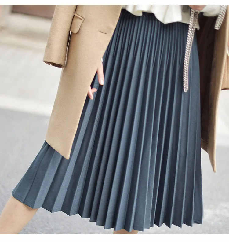 Wjczt 2022 Spring Women Elegant Pleated Skirt High Waist Women White Long Skirt Female Ladies High Quality Women Midi Skirt Black Saia