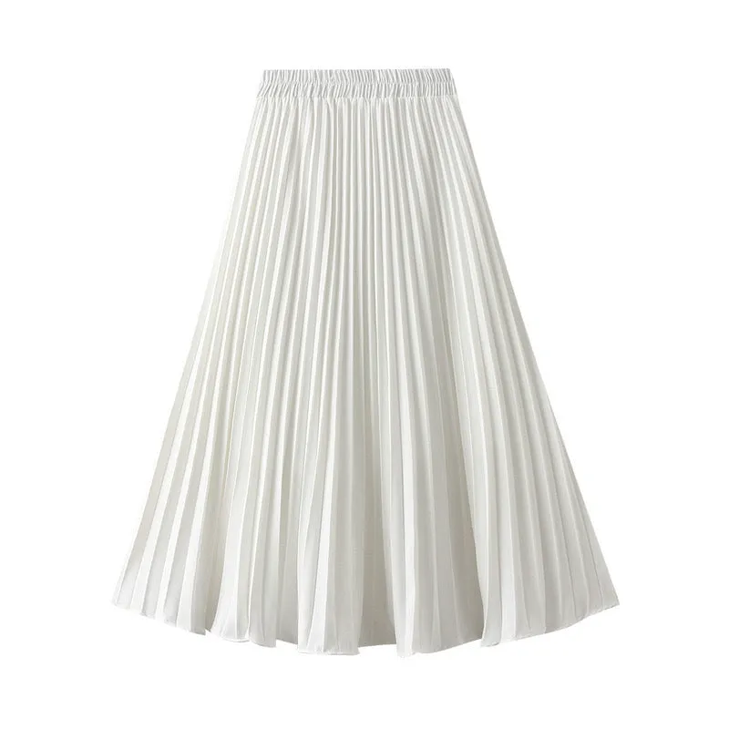 Wjczt 2022 Spring Women Elegant Pleated Skirt High Waist Women White Long Skirt Female Ladies High Quality Women Midi Skirt Black Saia