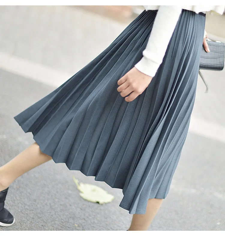 Wjczt 2022 Spring Women Elegant Pleated Skirt High Waist Women White Long Skirt Female Ladies High Quality Women Midi Skirt Black Saia