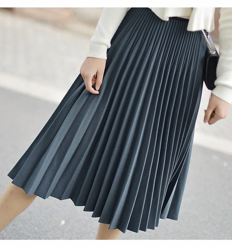 Wjczt 2022 Spring Women Elegant Pleated Skirt High Waist Women White Long Skirt Female Ladies High Quality Women Midi Skirt Black Saia