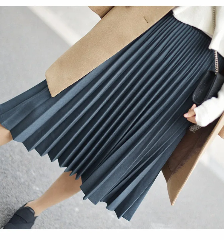 Wjczt 2022 Spring Women Elegant Pleated Skirt High Waist Women White Long Skirt Female Ladies High Quality Women Midi Skirt Black Saia