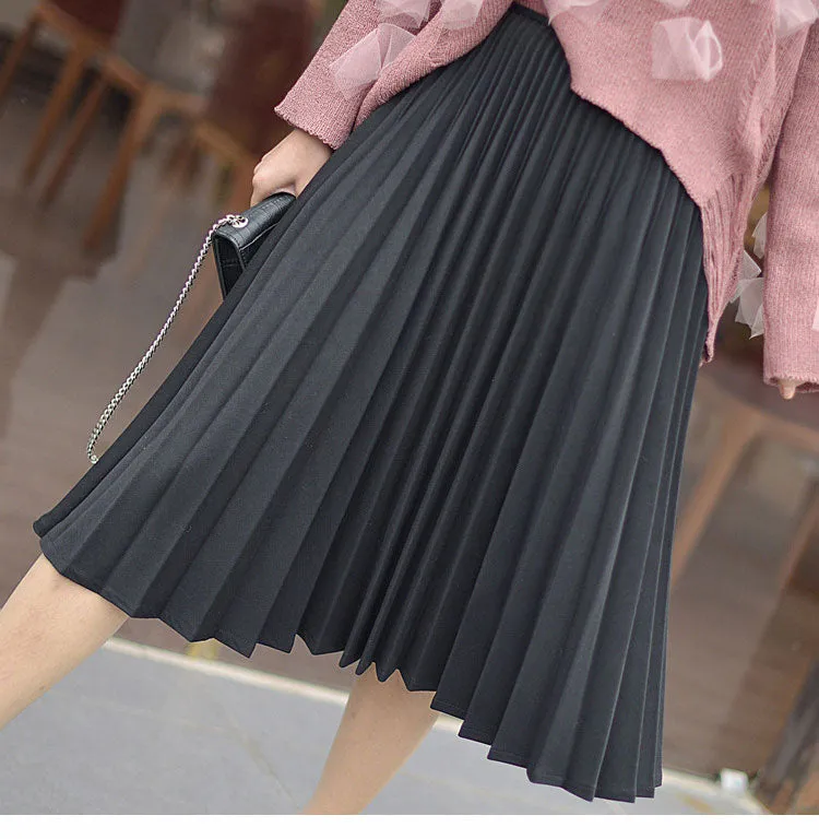 Wjczt 2022 Spring Women Elegant Pleated Skirt High Waist Women White Long Skirt Female Ladies High Quality Women Midi Skirt Black Saia