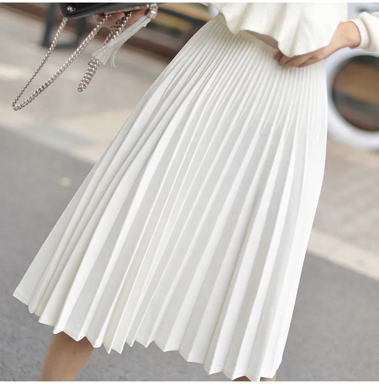 Wjczt 2022 Spring Women Elegant Pleated Skirt High Waist Women White Long Skirt Female Ladies High Quality Women Midi Skirt Black Saia