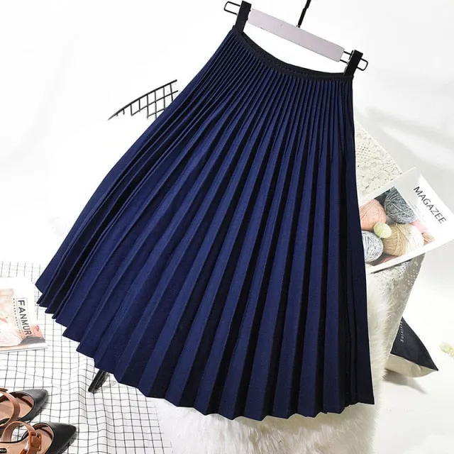 Wjczt 2022 Spring Women Elegant Pleated Skirt High Waist Women White Long Skirt Female Ladies High Quality Women Midi Skirt Black Saia