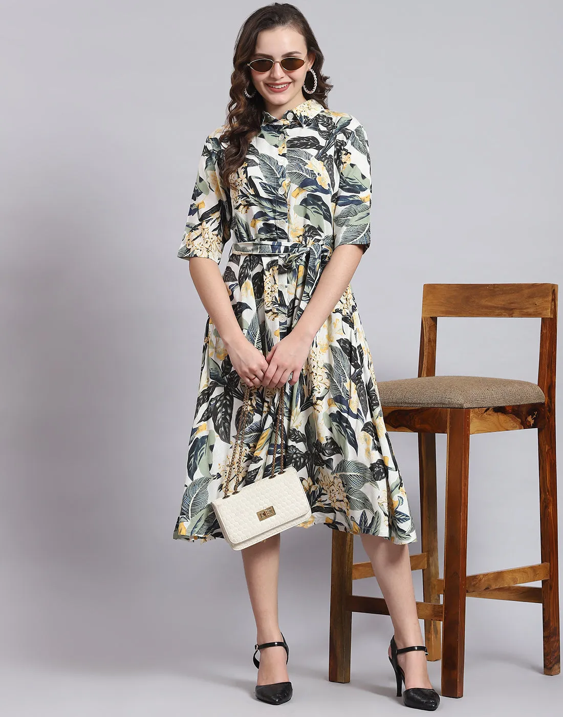 Women Green Printed Front Open Short Sleeve Dress