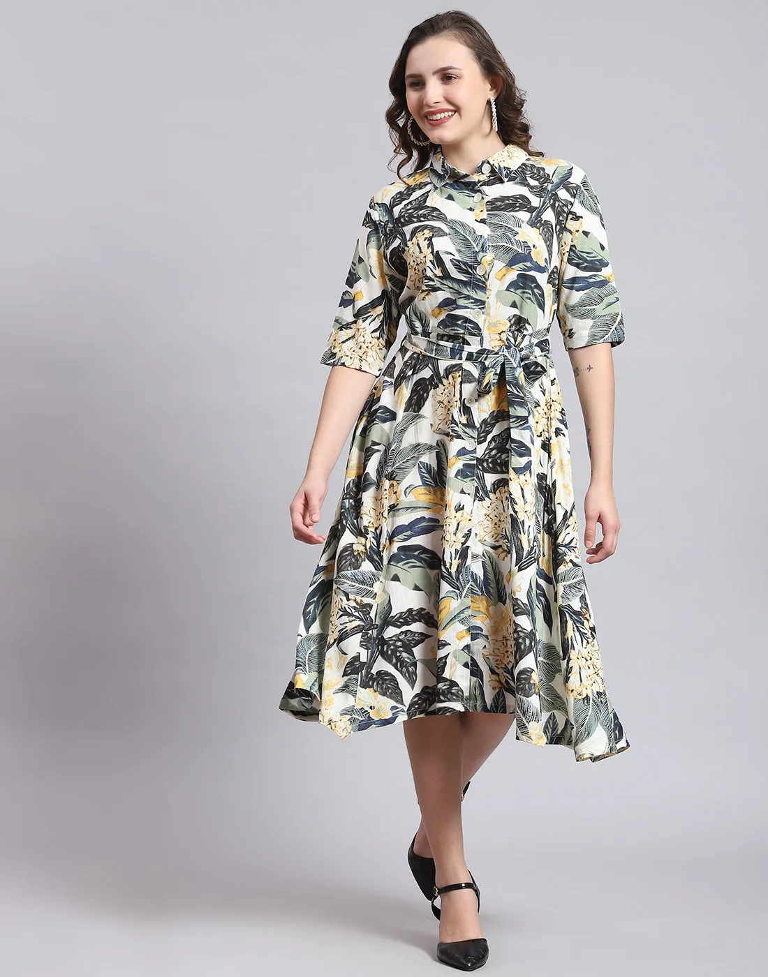 Women Green Printed Front Open Short Sleeve Dress