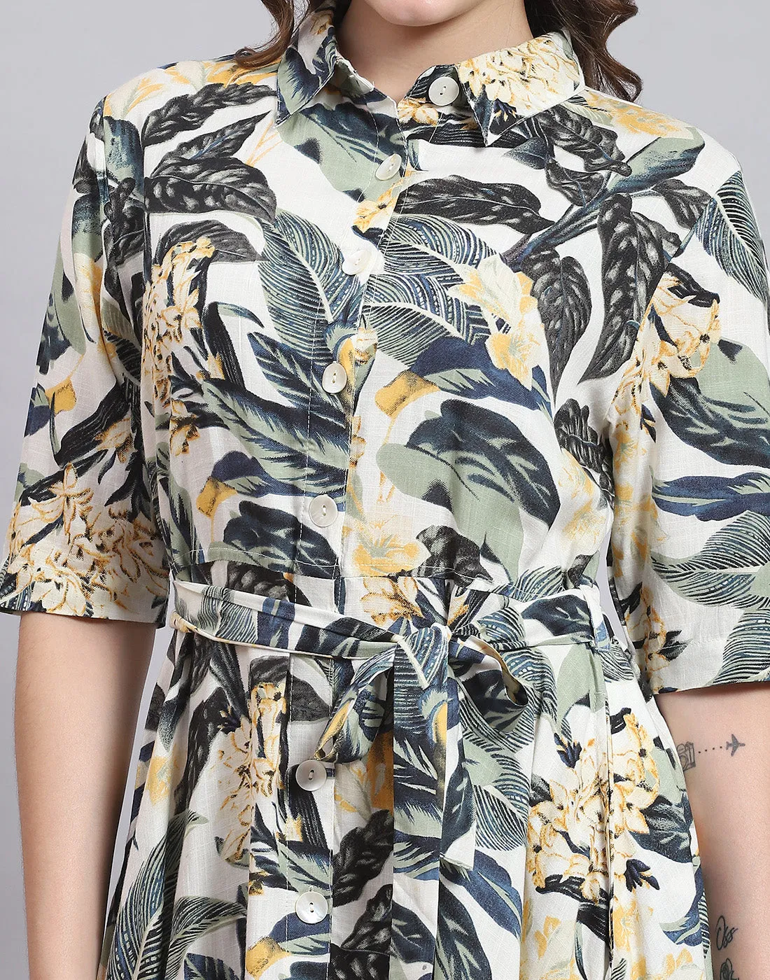 Women Green Printed Front Open Short Sleeve Dress