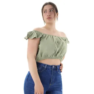 Women's Frill Denim Crop Top,Olive