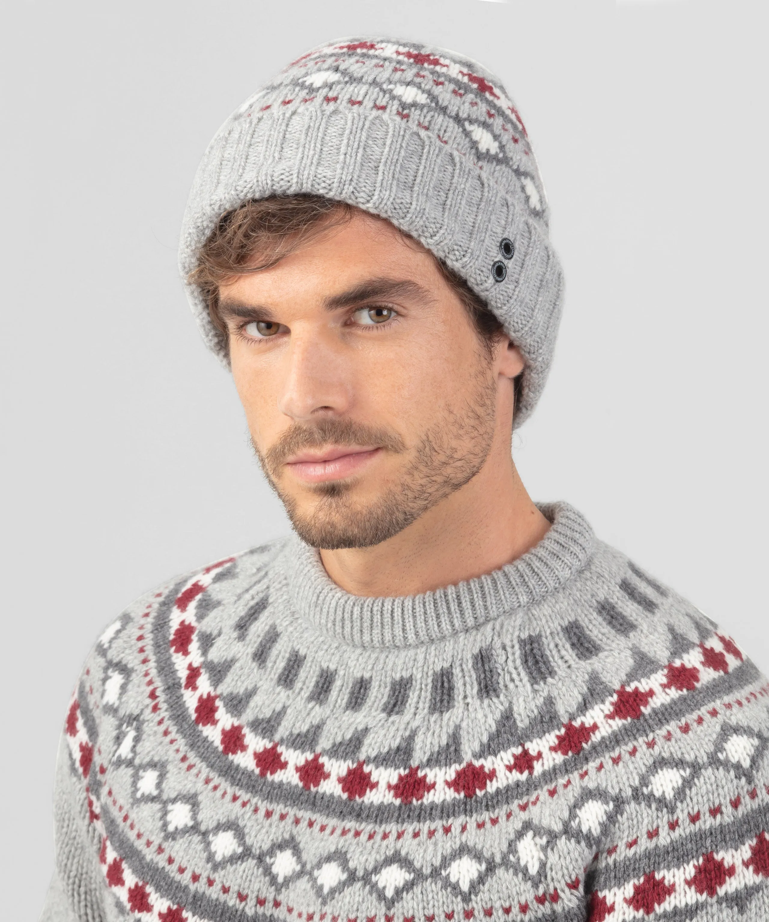 Wool Cashmere Beanie w. Nordic Pattern: Grey Melange