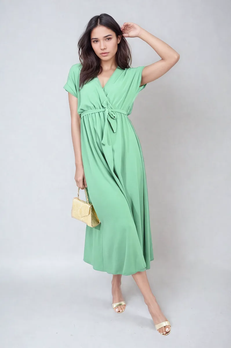 Wrap Tie Waist Short Sleeve Midi Dress