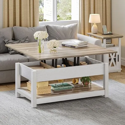 YITAHOME Lift Top Coffee Table, 3 in 1 Multi-Function Coffee Tables with Storage for Living Room, Farmhouse Modern Dining Table for Small Reception Room/Home Office,Grey Wash