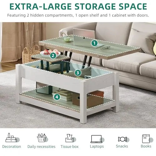 YITAHOME Lift Top Coffee Table, 3 in 1 Multi-Function Coffee Tables with Storage for Living Room, Farmhouse Modern Dining Table for Small Reception Room/Home Office,Grey Wash