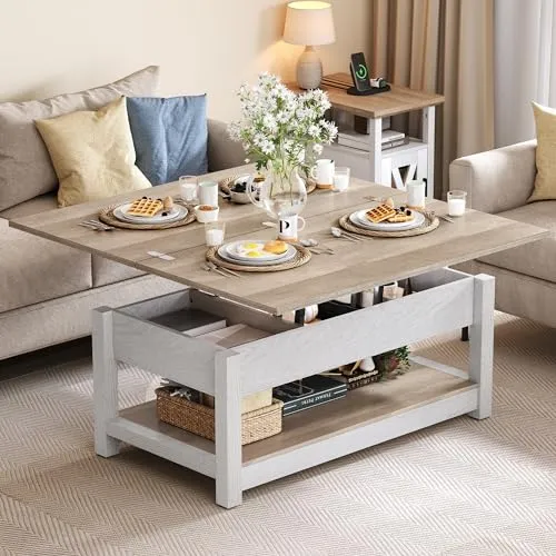 YITAHOME Lift Top Coffee Table, 3 in 1 Multi-Function Coffee Tables with Storage for Living Room, Farmhouse Modern Dining Table for Small Reception Room/Home Office,Grey Wash